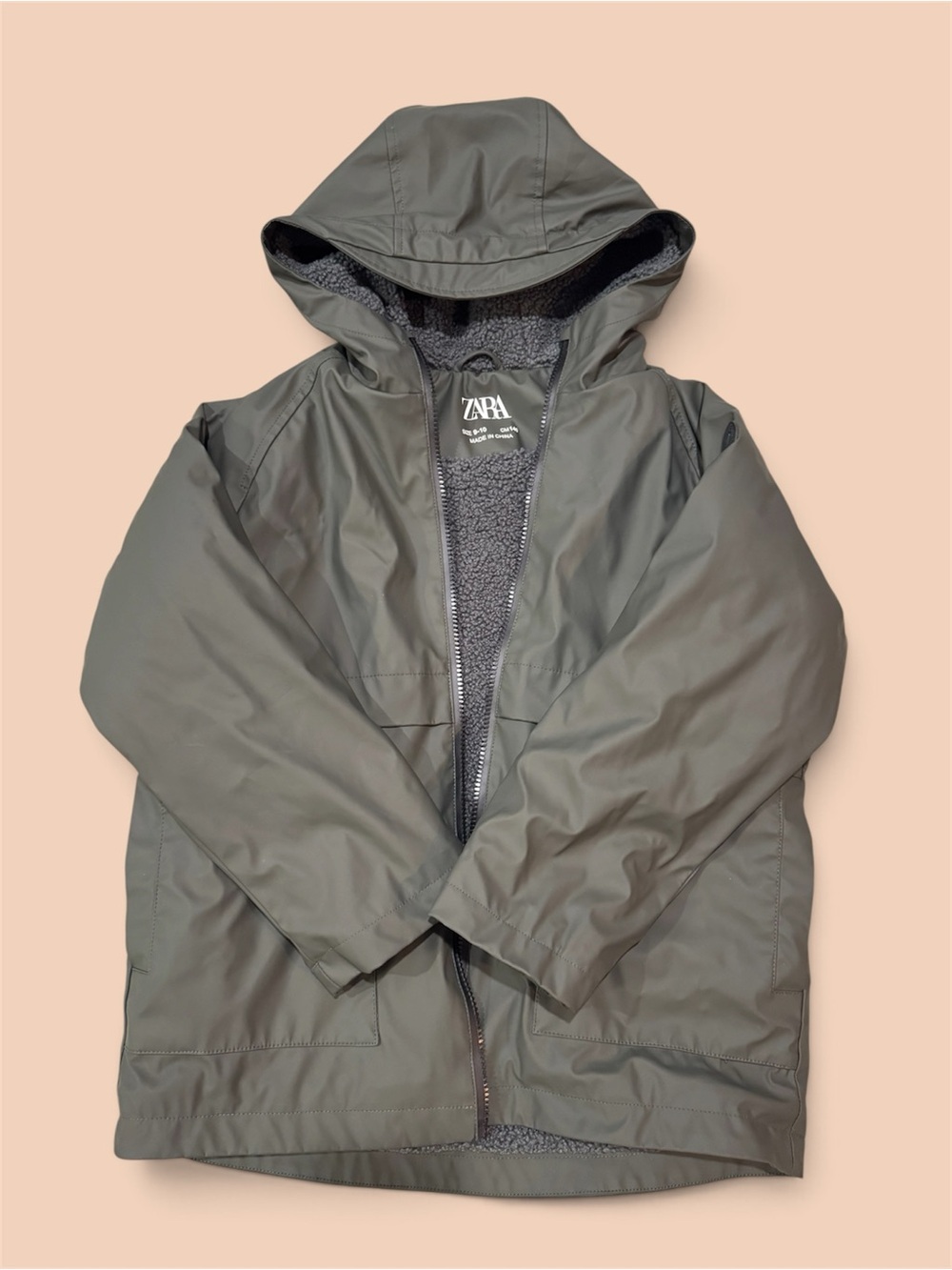 Zara Kids Hooded Rain Jacket in Olive Green